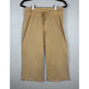 Vertigo Vintage Women’s Sz L Tan Embroidered Cropped Wide Leg Lightweight Pants